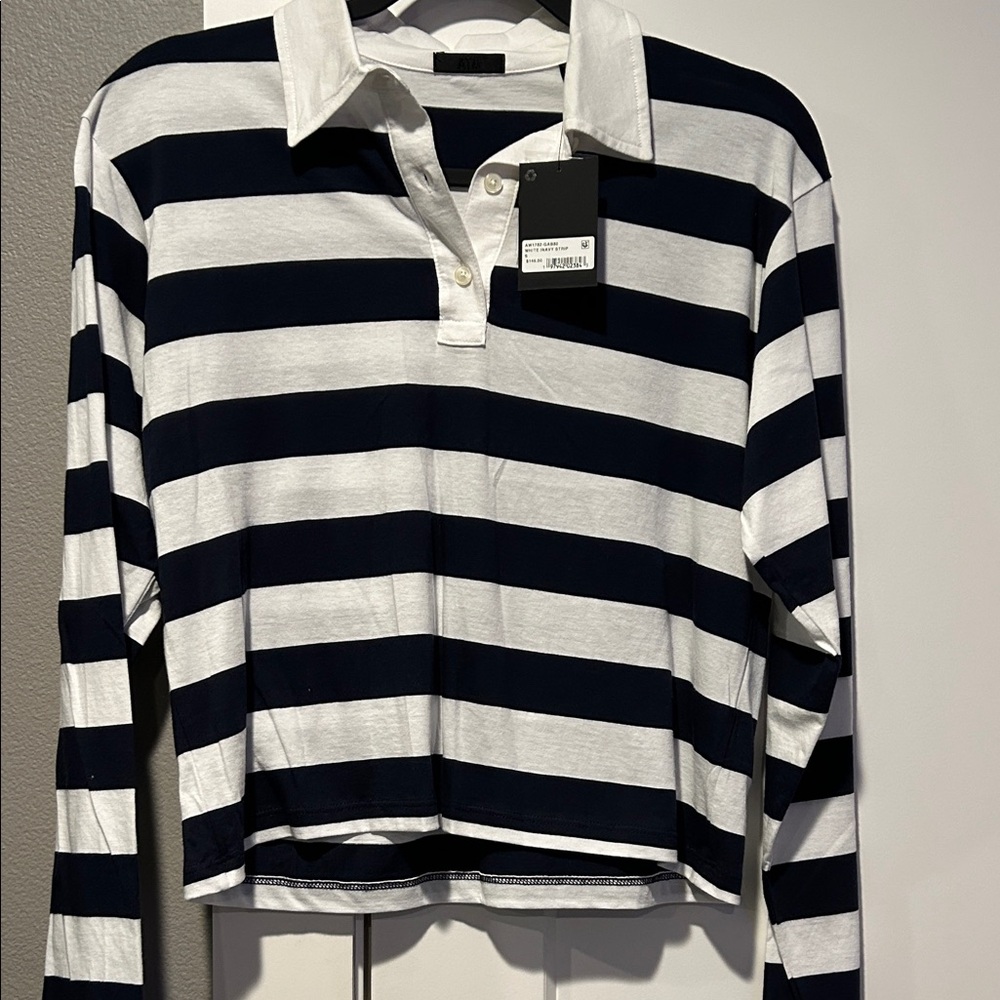 Navy and White Striped Polo crop Shirt
